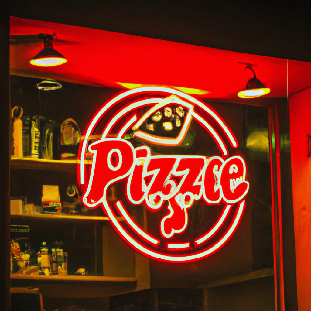 서울 슬라이스 피자 매장 네온 간판, 한국적인 야간 사진, 따뜻한 조명, 초고해상도